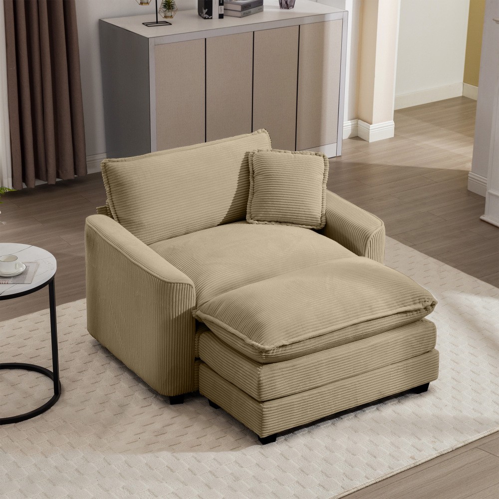 Corduroy Sofa Chair w/ Footstool & Pillow, Accent Living Bedroom Club, Tan