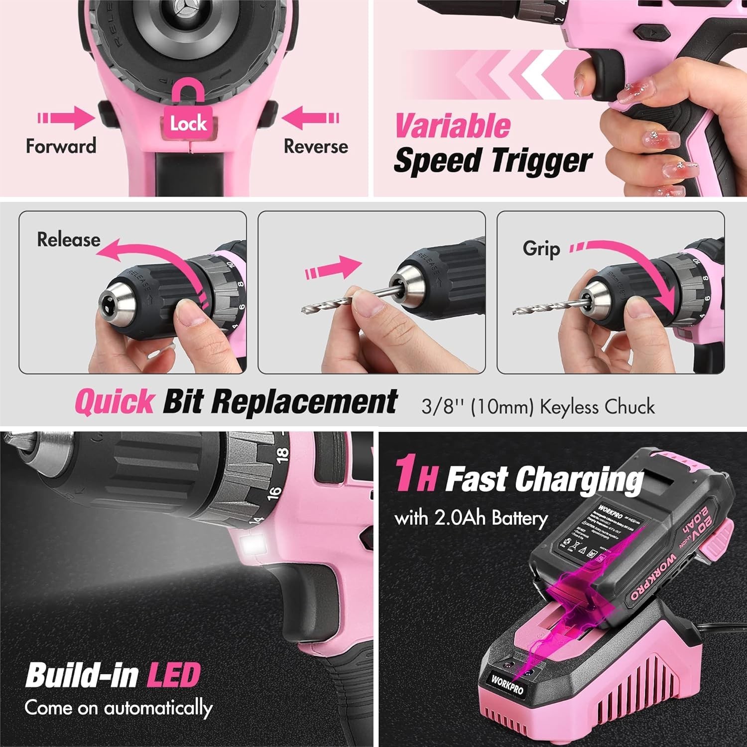 Pink Tool Kit with Drill, Tool Set with 20V Cordless Lithium-ion Drill Driver...