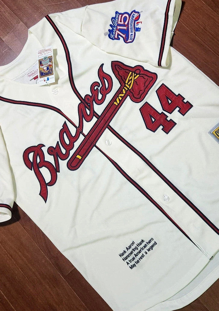 NEW RARE C ATLANTA BRAVES HANK AARON #44 Stitched Dual Patch STITCHED Jersey Ivo