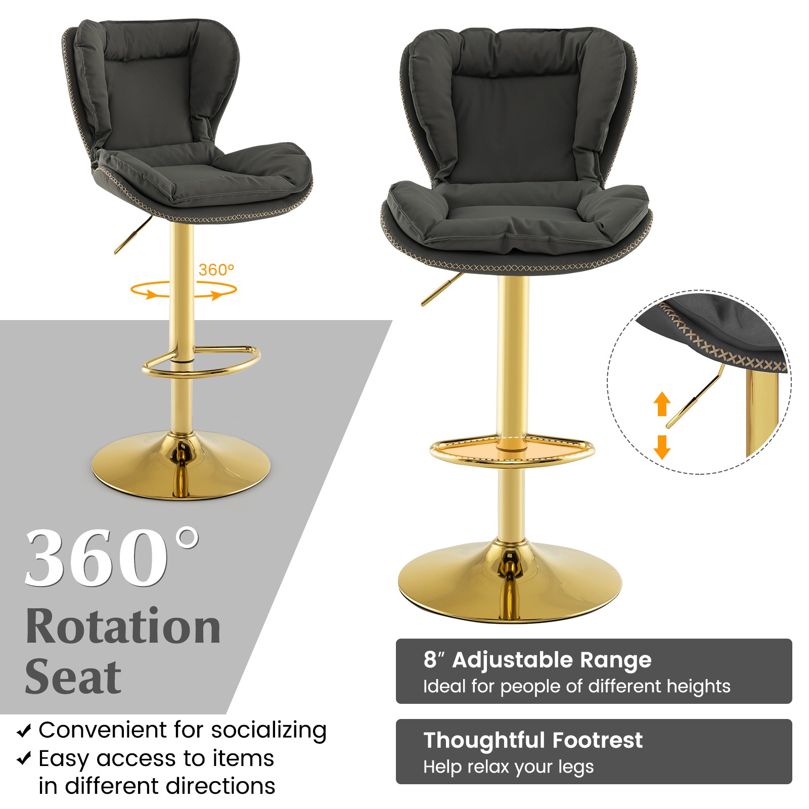 Set of 2 Leathaire Bar Chairs Adjustable Bar Stool with Padded Seat & Footrest
