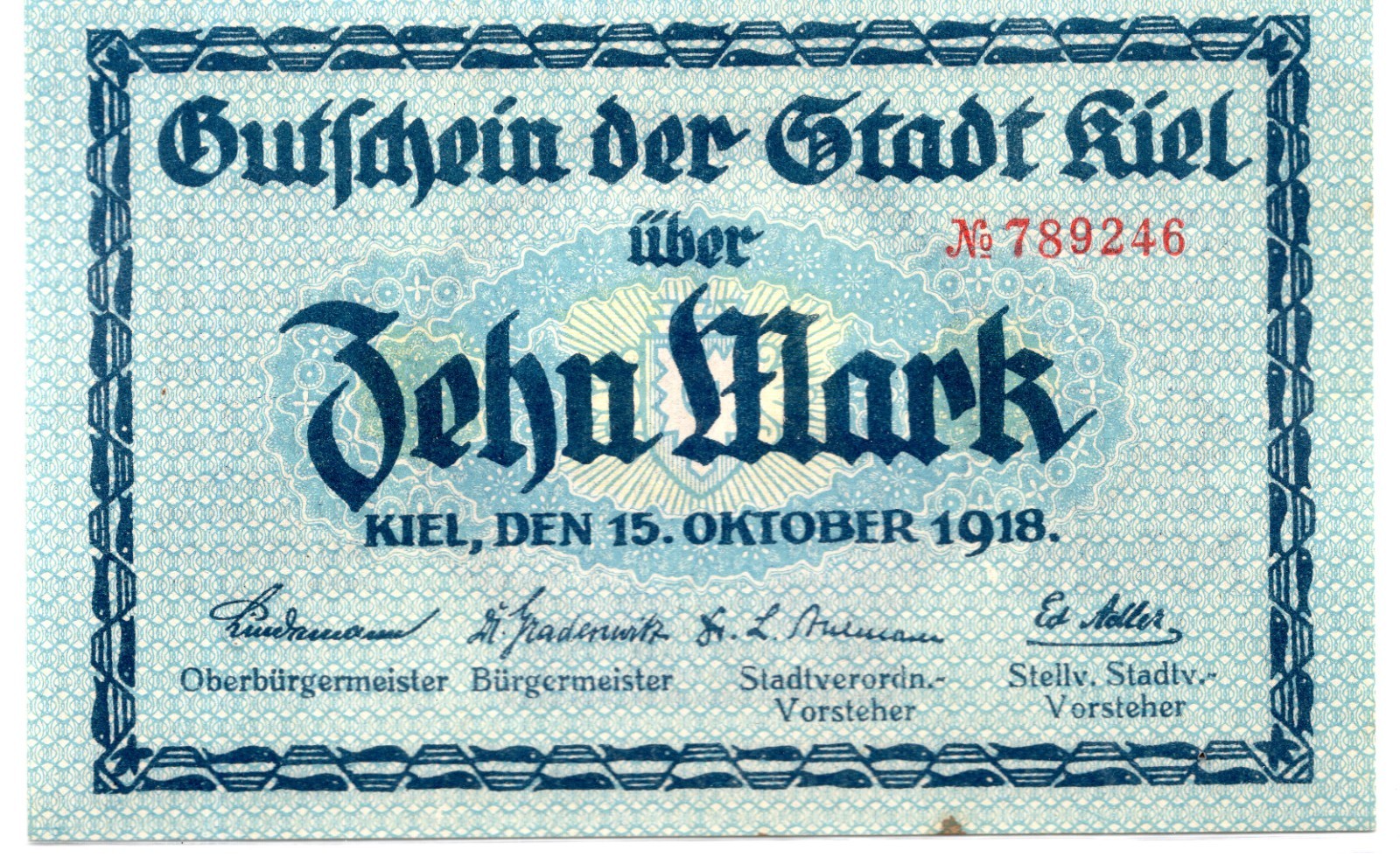 1918 Germany Kiel Notgeld 10 Mark Note (3165)