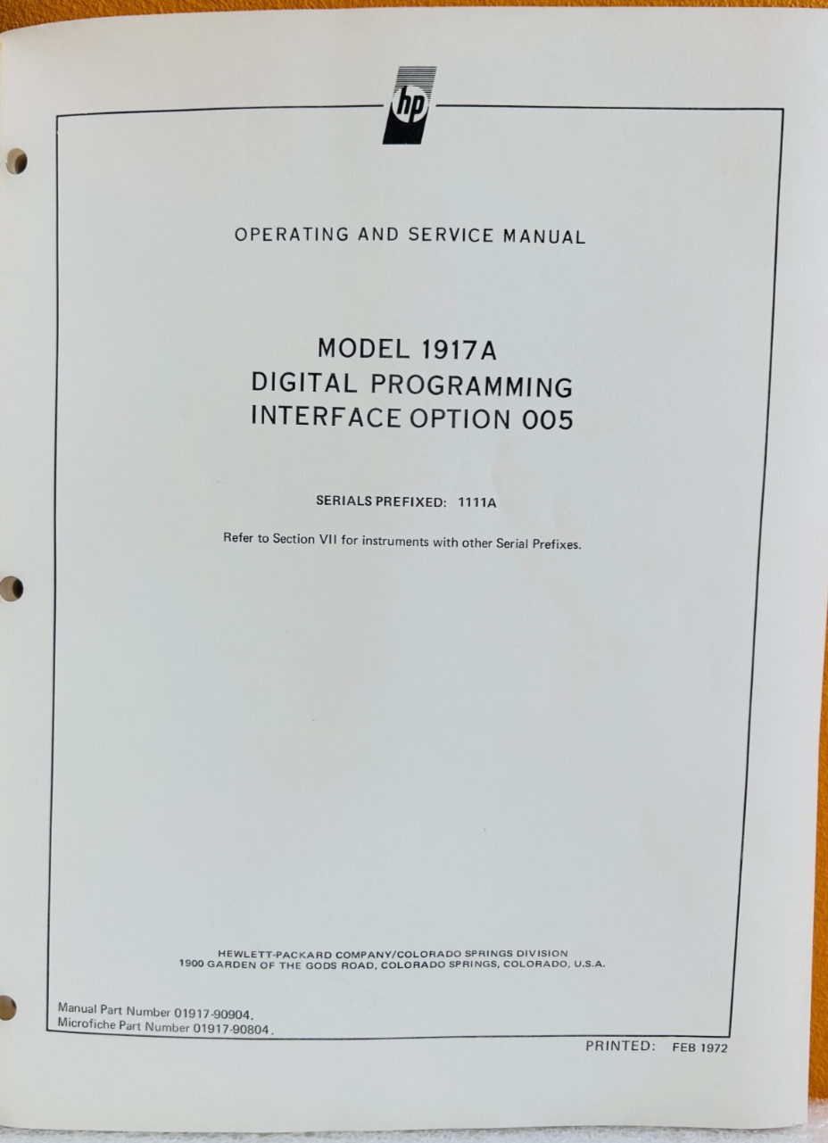 HP 01917-90904 Model 1917A Digital Programming Interface Opt 005 Service Manual.