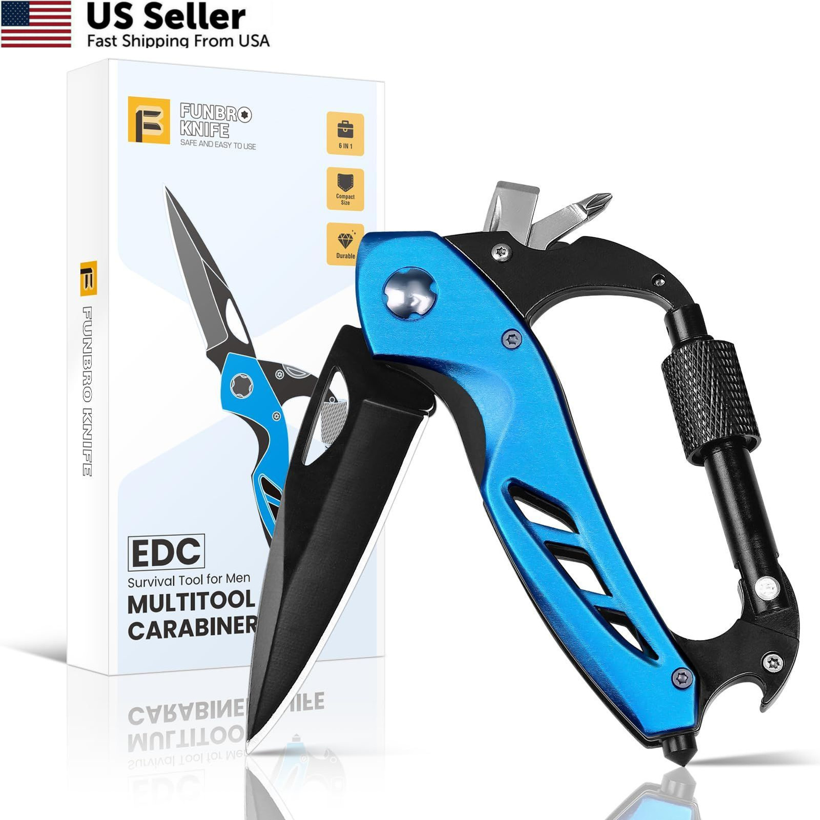 FUNBRO EDC Multitool Carabiner with Knife, Bottle Opener, Window Breaker Blue