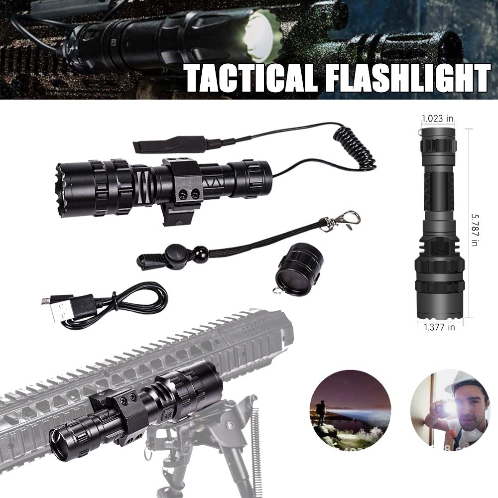 Mini Tactical Flashlight LED Torch USB Rechargeable Picatinny Rail Mounted