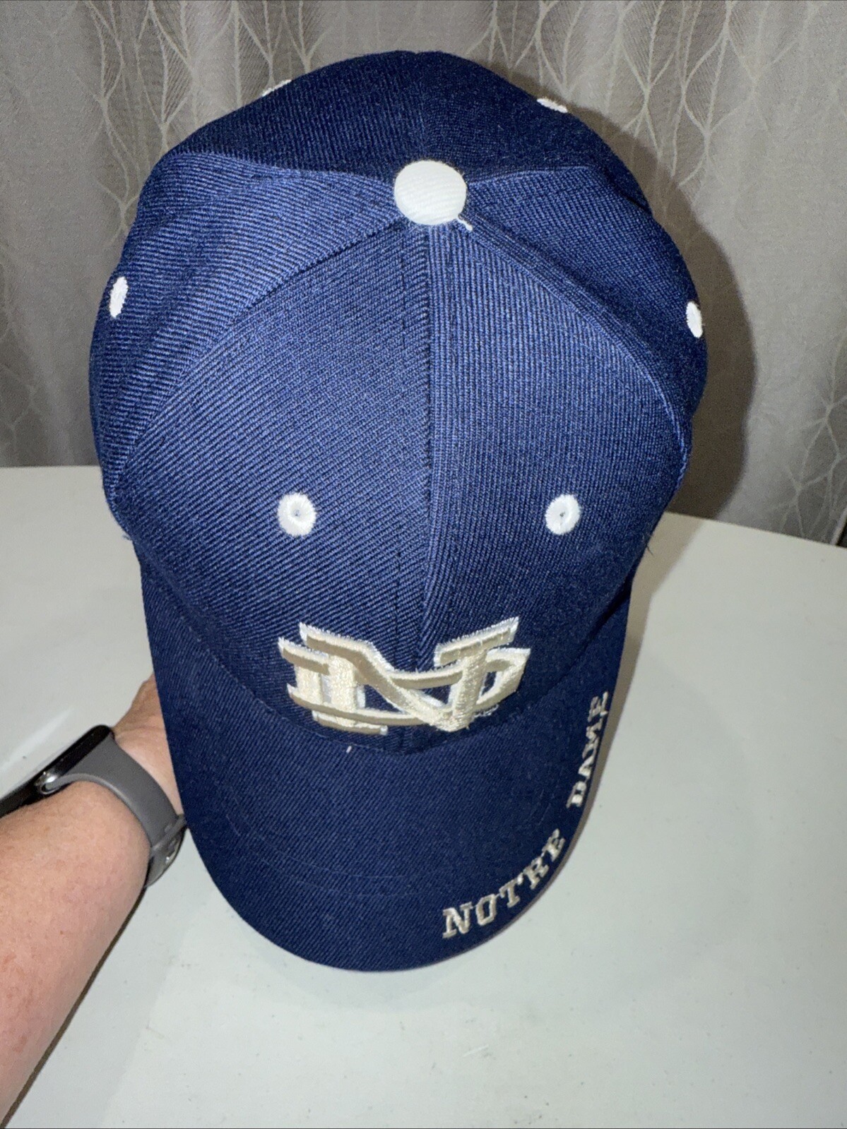 Notre Dame Interlock ND in White Silver on Navy Hat Cap Cotton Hook Loop EUC