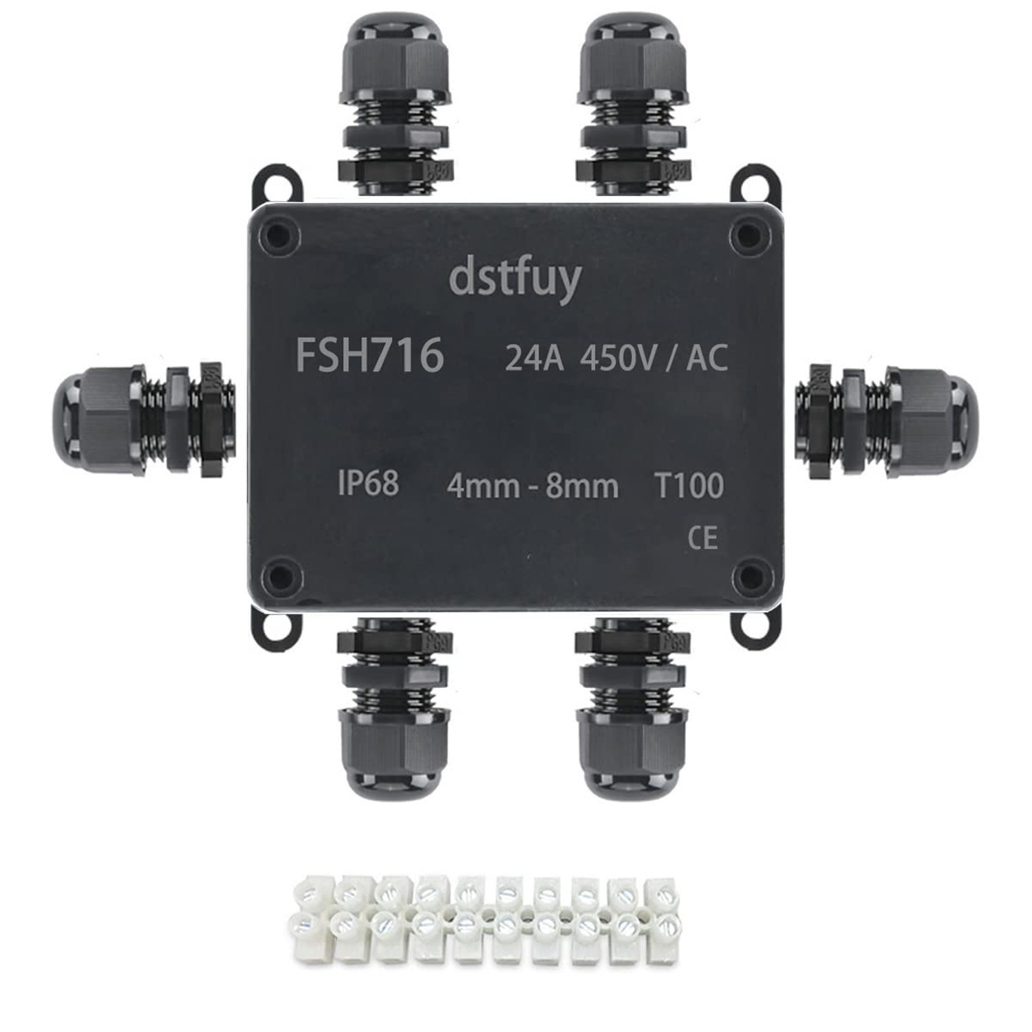 Waterproof IP68 Electrical Box with 24A Barrier Terminals, ABS Plastic, Black...