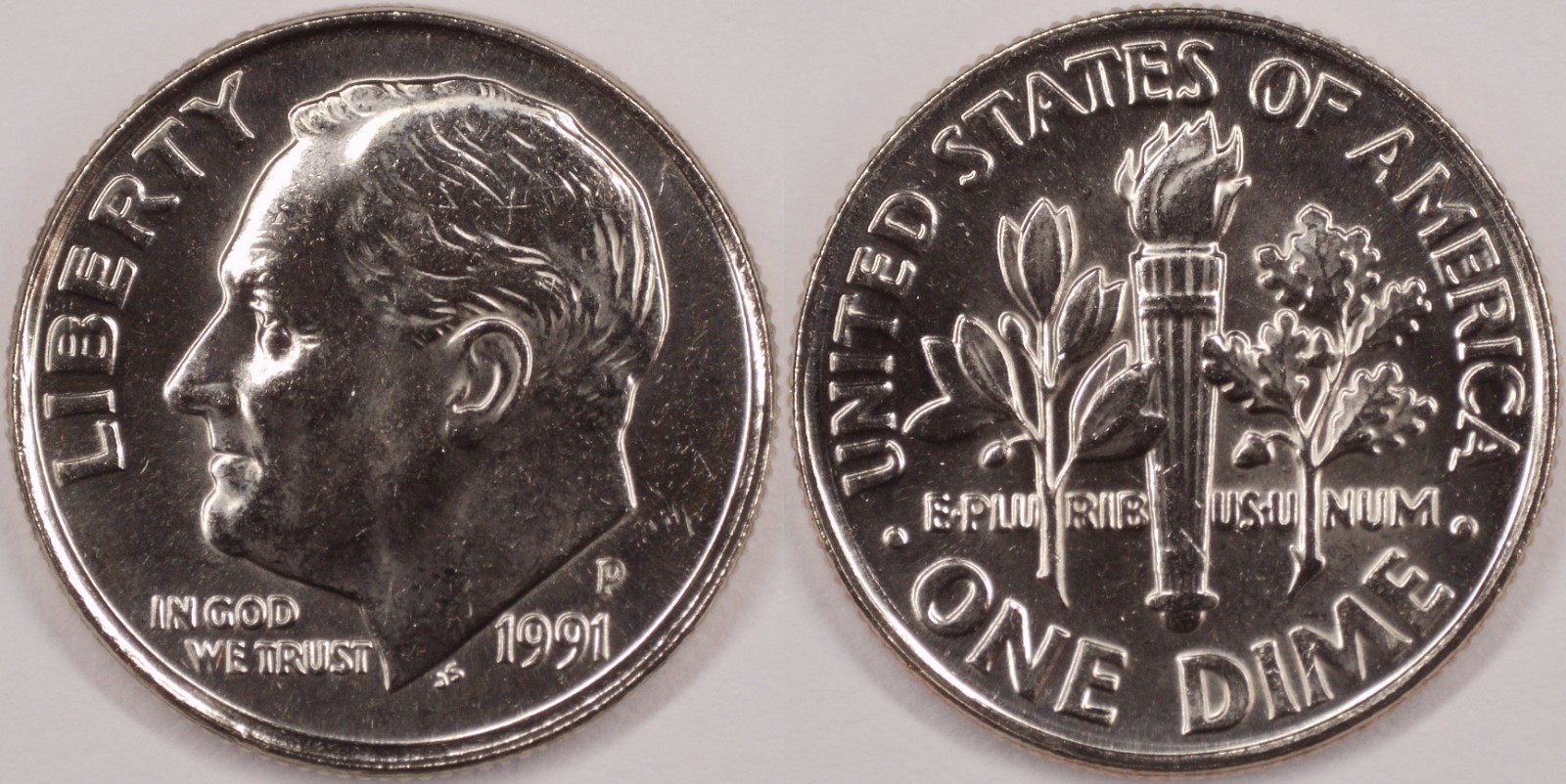 United States 1991 P 10 Cents Roosevelt Dime KM#195a Clad Torch Olive Oak Branch