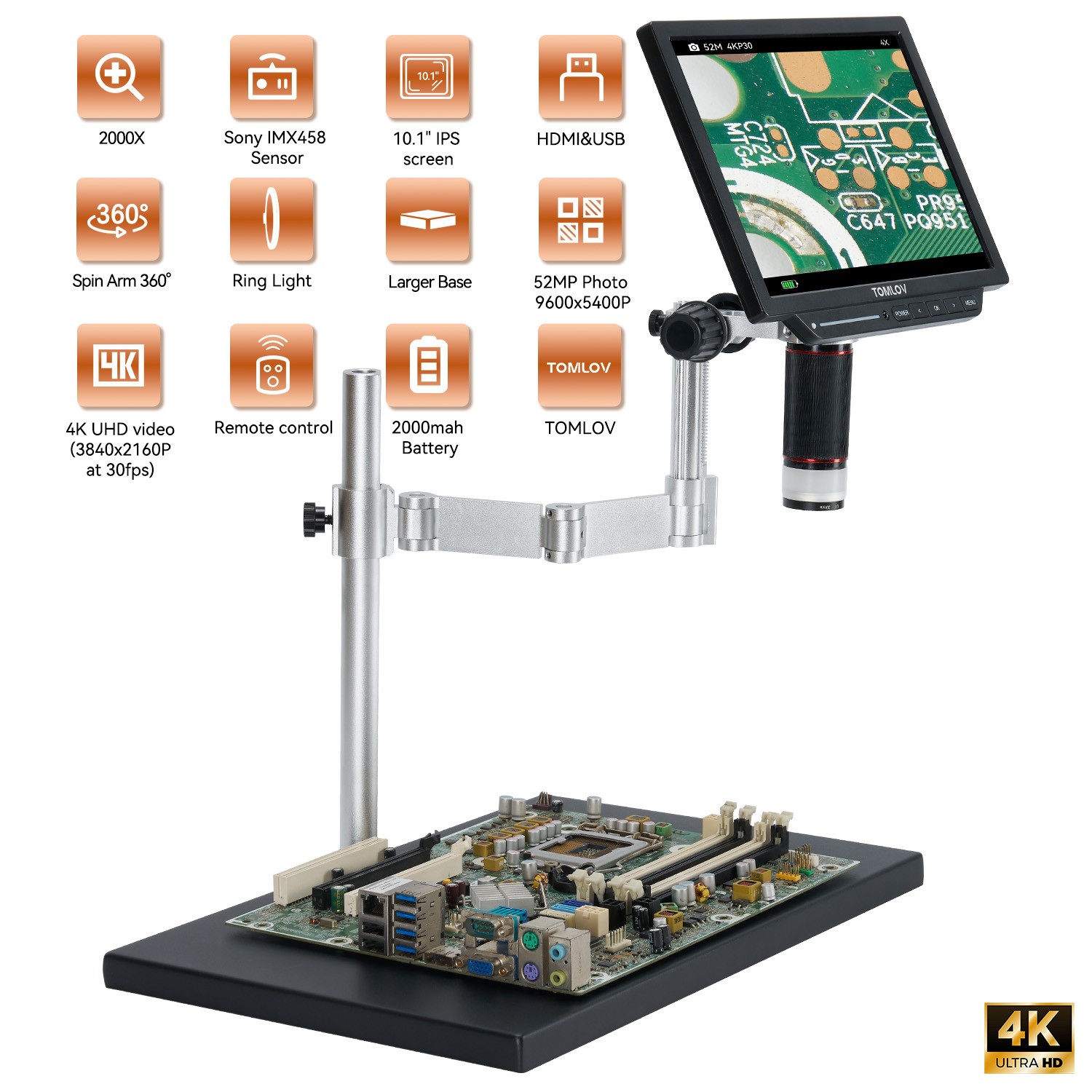 TOMLOV 10" 4K Digital Microscope 2000X USB Magnifier Coin Microscope