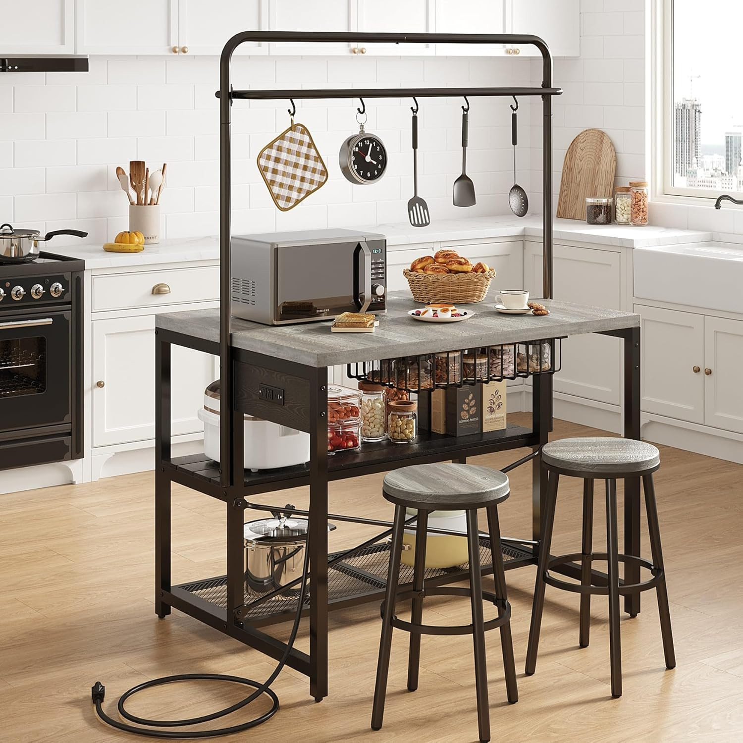 46" Large Kitchen Island Table Baker Rack with Power Outlet and 3-Tier Storage-M