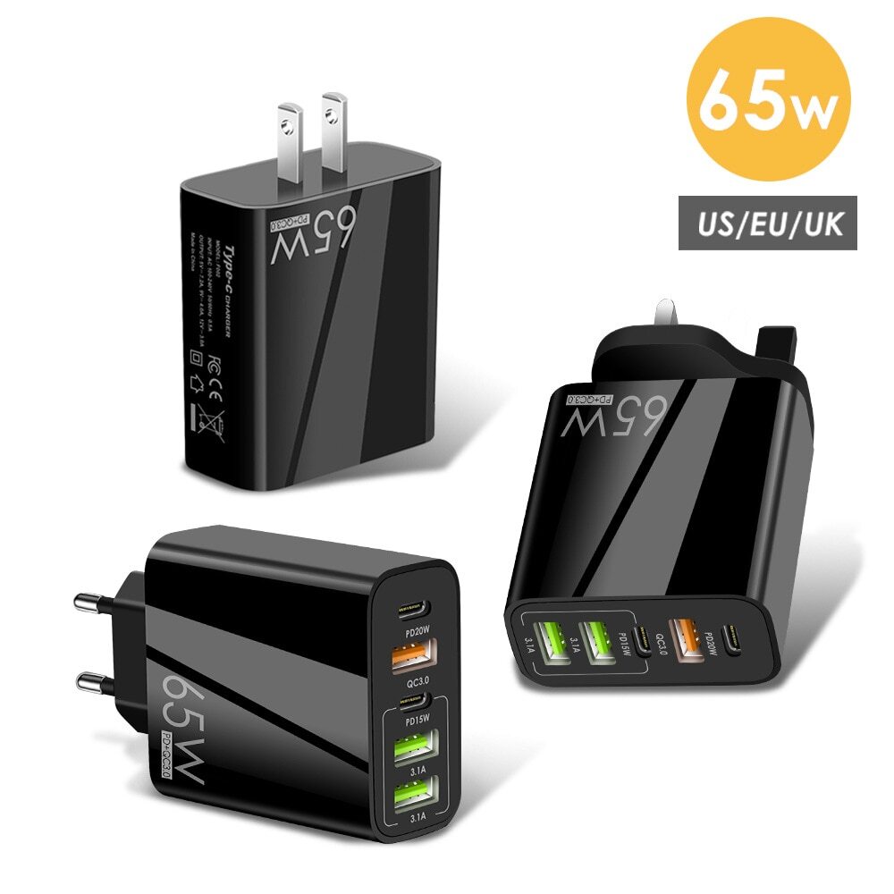 65W 5 USB Type C Fast Wall Charger PD QC3.0 Adapter For MacBook iPhone Samsung