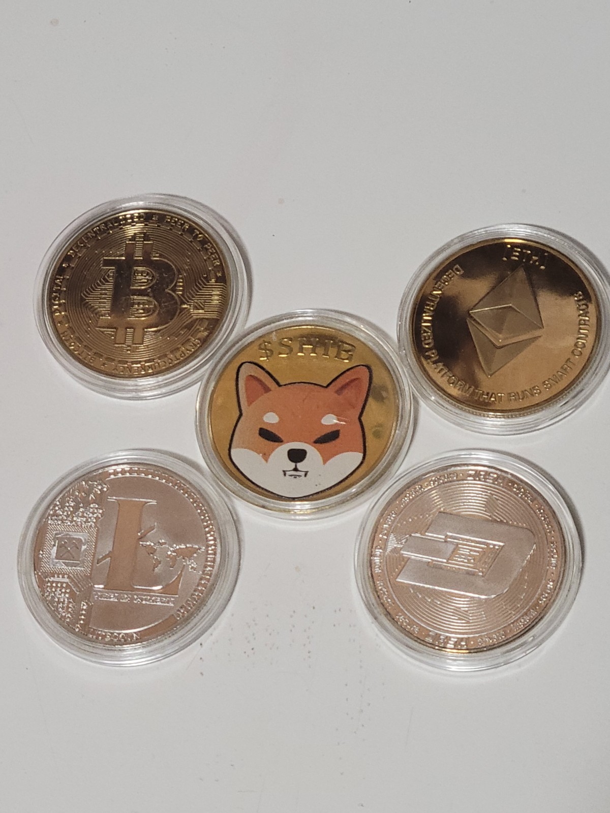 Set of 5 Crypto-Collectible Coins: Shiba Inu, Bitcoin, Ethereum, Litecoin, Dash