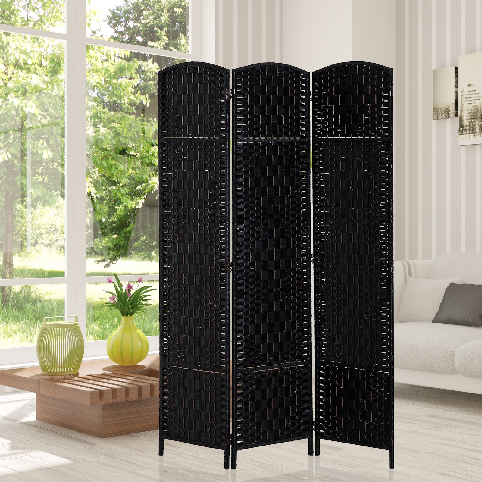 HOMCOM 3 Weave Panel Room Divider Privacy Folding Screen Diamond Decor Black