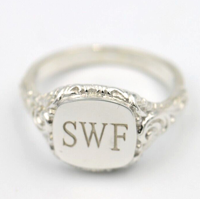 Size W Genuine Solid Sterling Silver Square Engraved Signet Ring + Engraving
