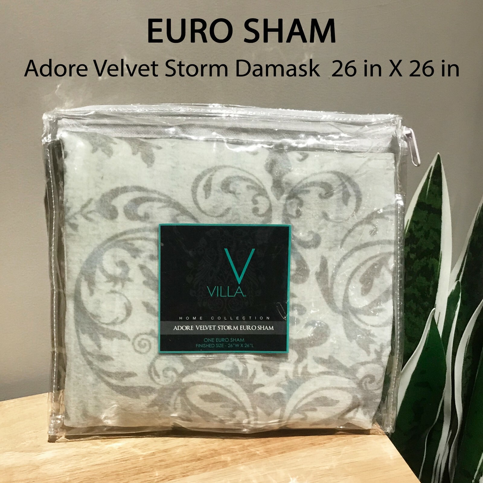 New Villa EURO SHAM Adore Velvet Storm Damask Print Taupe Beige 26 in x 26 in