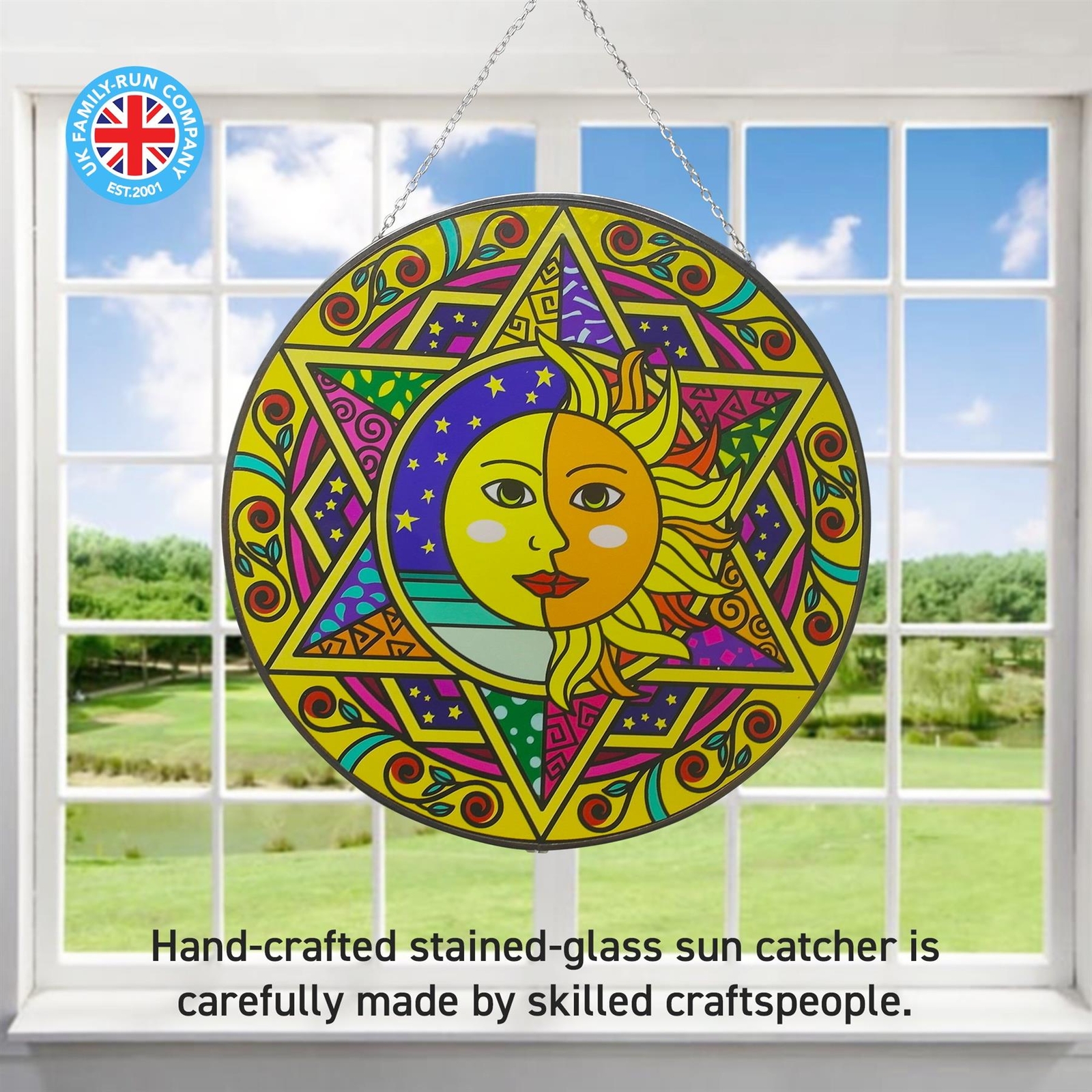 Large 30cm diameter Sun and moon eclipse glass sun catcher with chain