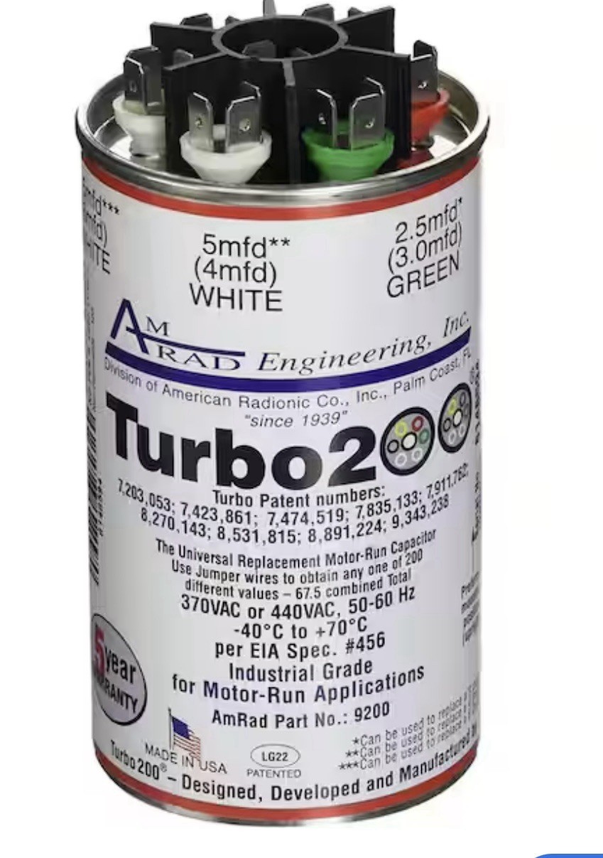 AmRad Turbo200 Universal Motor Run Capacitor for 2.5-67.5 MFD