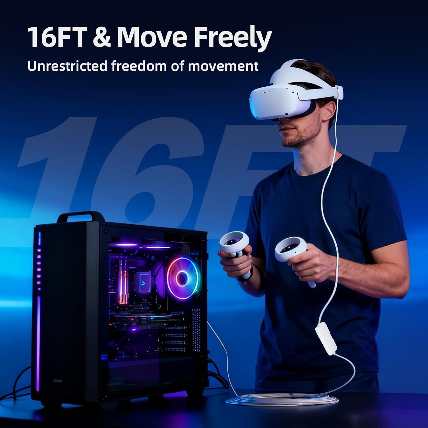 Durable 16FT Fast Charging VR Link Cable - Tangle-Free Data Transfer for Gaming