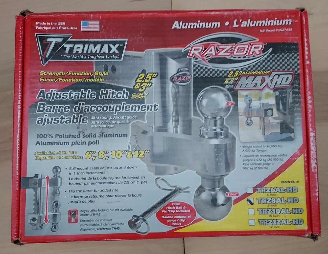 Trimax TRZ8AL-HD 8" HD Aluminum Adjustable Drop Hitch, Pin & Clip MADE IN USA