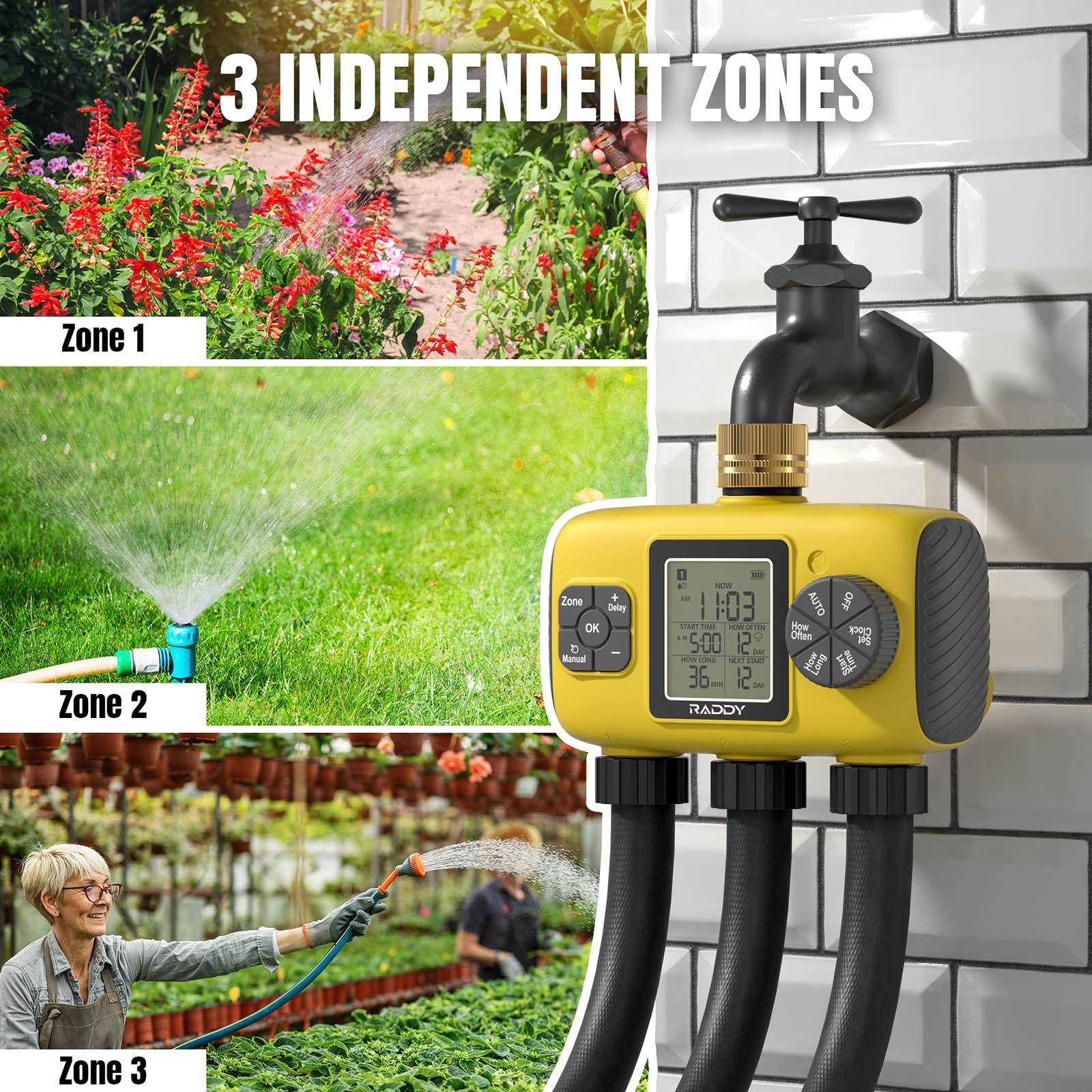 Raddy WS-8 3-Zone Sprinkler Timer: Large LCD, IPX5 Waterproof & Rain Delay