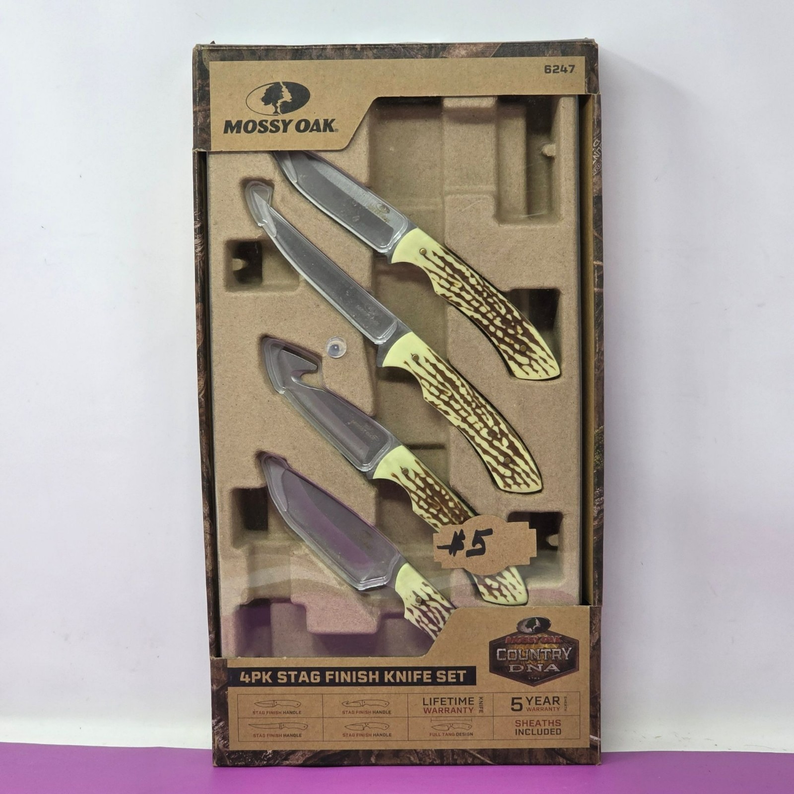 Mossy Oak 4-Pk Stag Finish Knife Set Sheaths Included Model Number 6247 Sealed