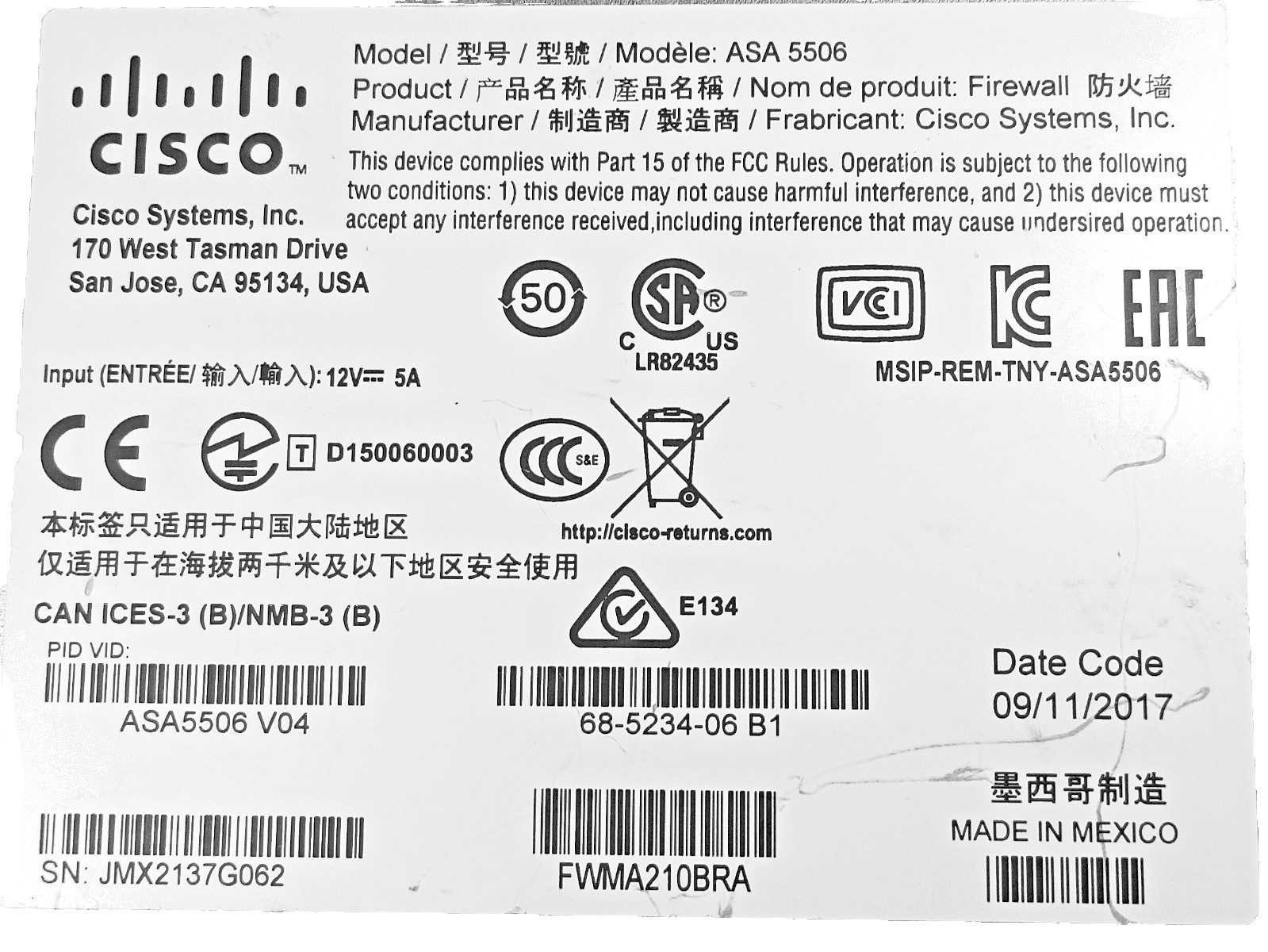 Cisco ASA 5506-X Network Security Firewall Appliance- No Adapter