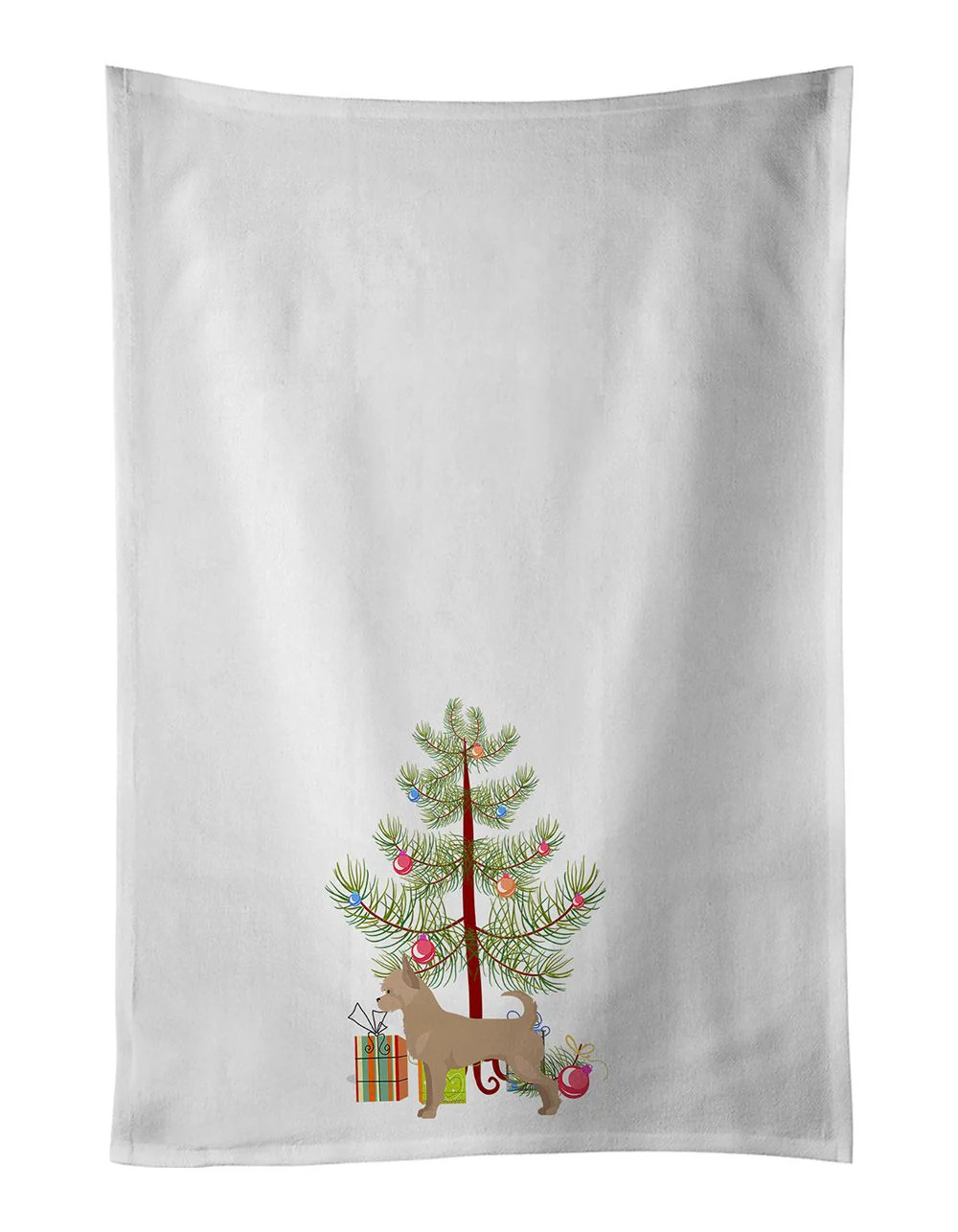 NEW Tan Chorkie Christmas Tree Kitchen Towel Set of 2 White Dish Towels