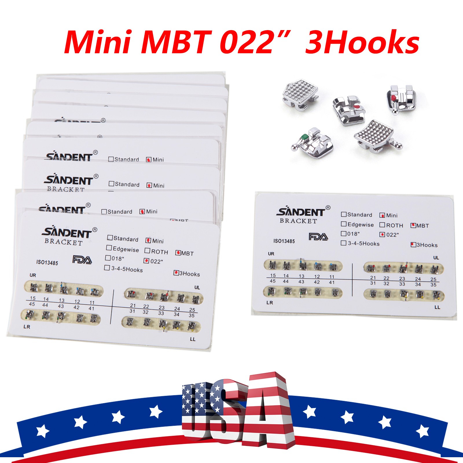 200PCS Orthodontics Dental Metal Brackets Braces Mini MBT 022Slot 3 Hooks M#4 PR