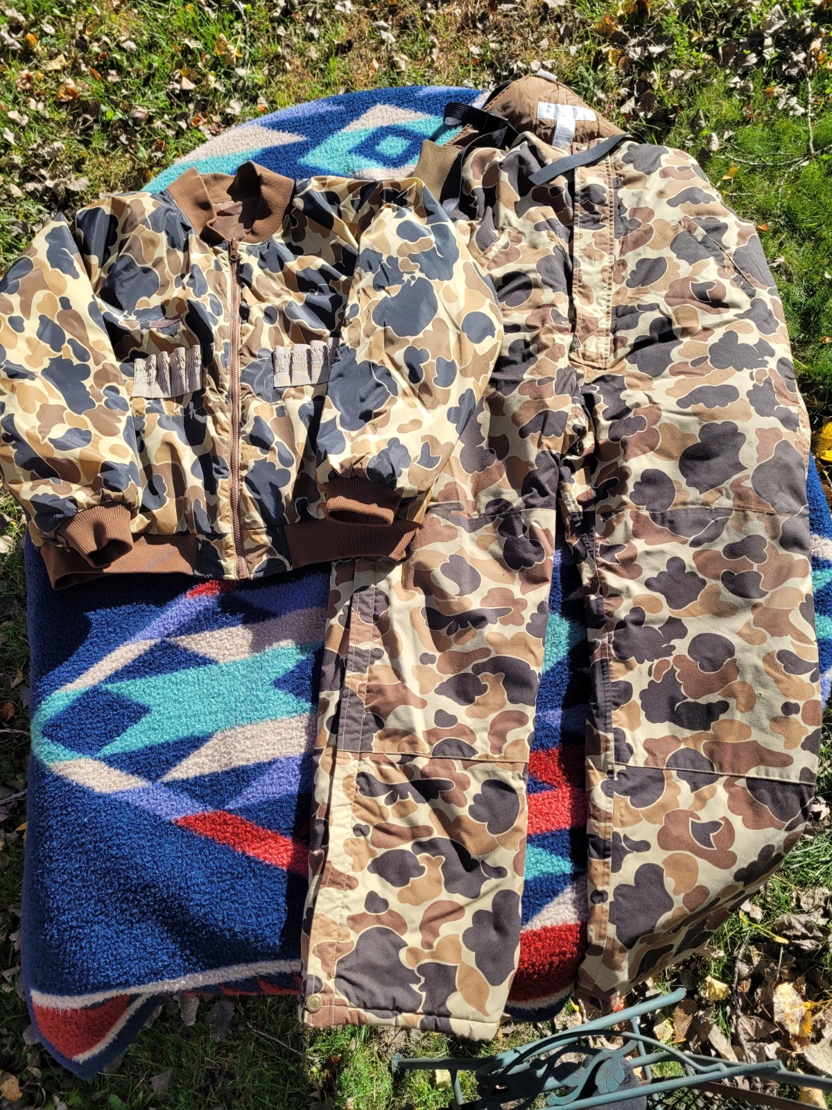 Vtg Columbia Duck Camo Puffer Jacket Mens XL w/ Omni Tech Overalls Sz Large Tall