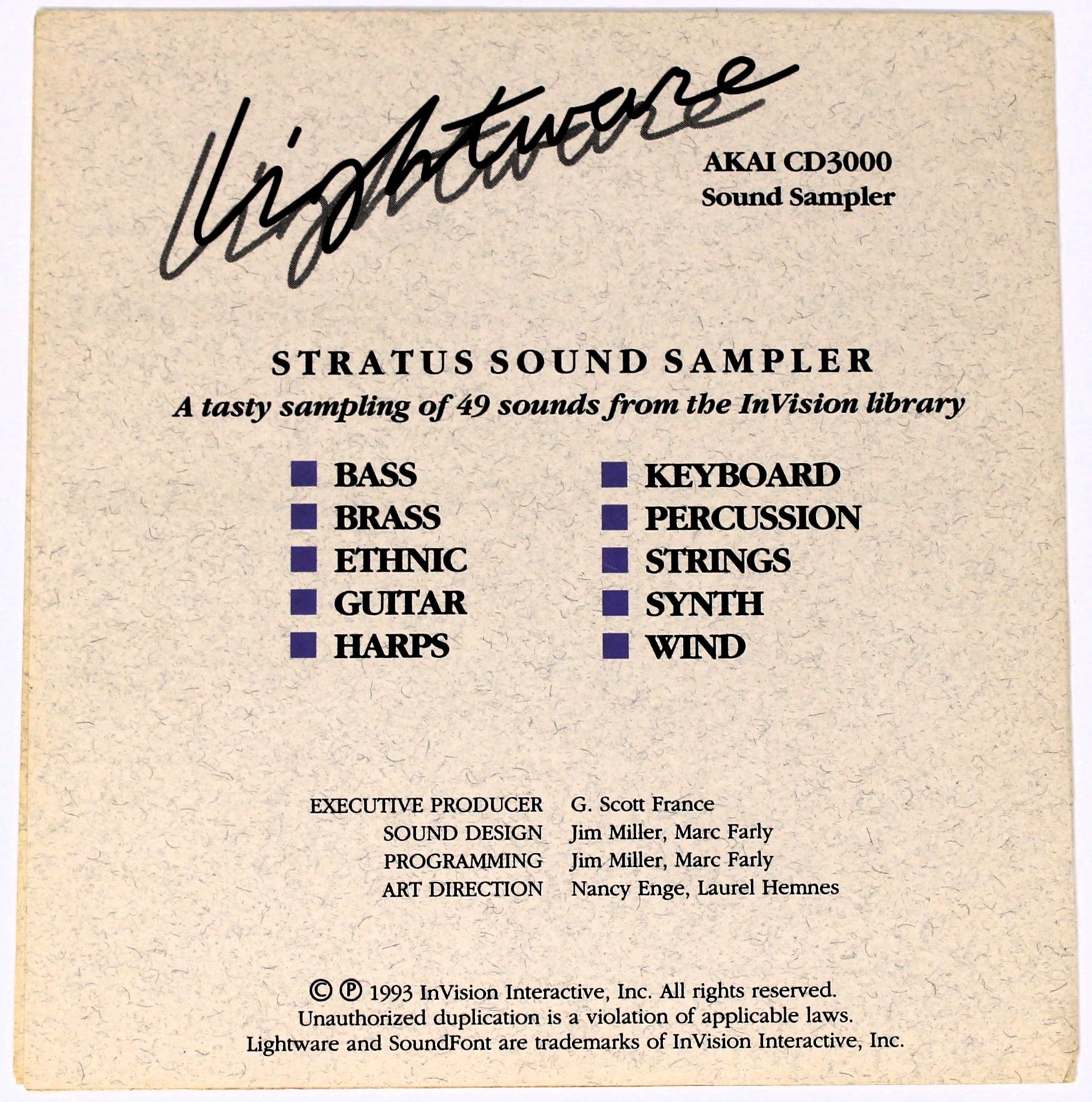 InVision Interactive Lightware 1 Stratus Sampler Akai Format Library Sampling CD
