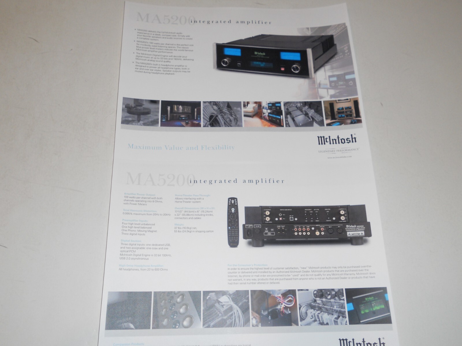 McIntosh MA5200 Integrated Amplifier Brochure 2 pages, Specs/Info/Article 2013