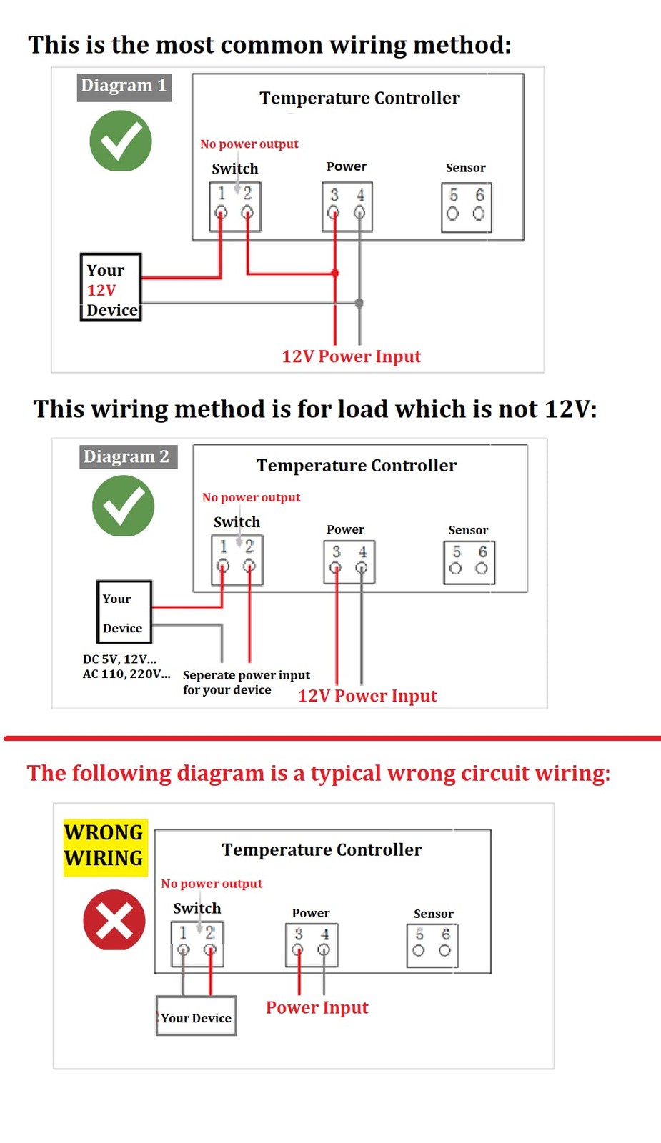 DC 12V Fahrenheit Digital Temperature Controller 10A 1 Relay with NTC 10K Sensor