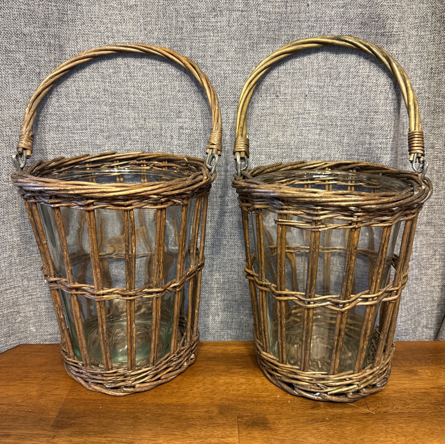 Lot of 2 Vintage Wicker Baskets With Glass Insert Plant Candle Flower Handles