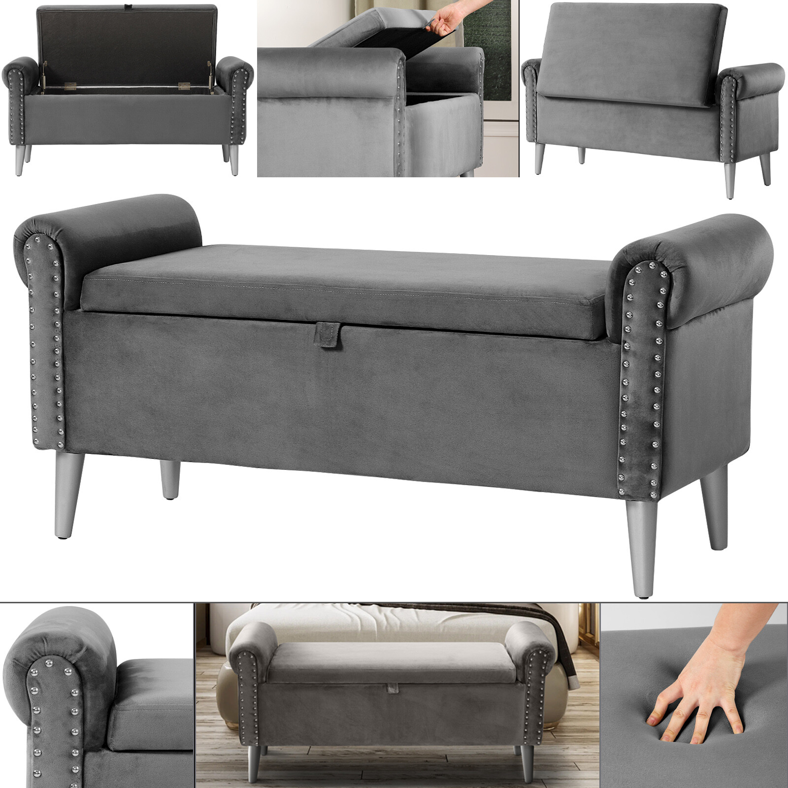 47" Upholstered Flip Top Storage Bench Nailhead Trim Ottoman Seat for End of Bed