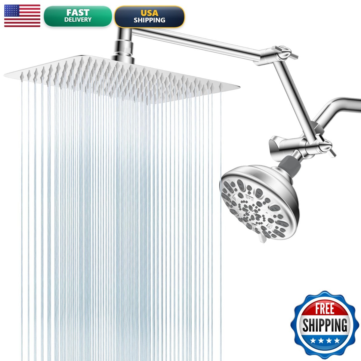 iFealClear All Metal 10" Dual Rainfall/Handheld Shower Head, 16" Arm, 7 Spray
