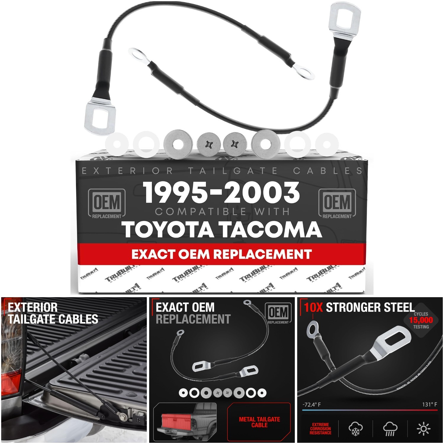 Tailgate Support Cable Replacement Set 14-9/16 Metal Compatible 1995-2004 Toyota