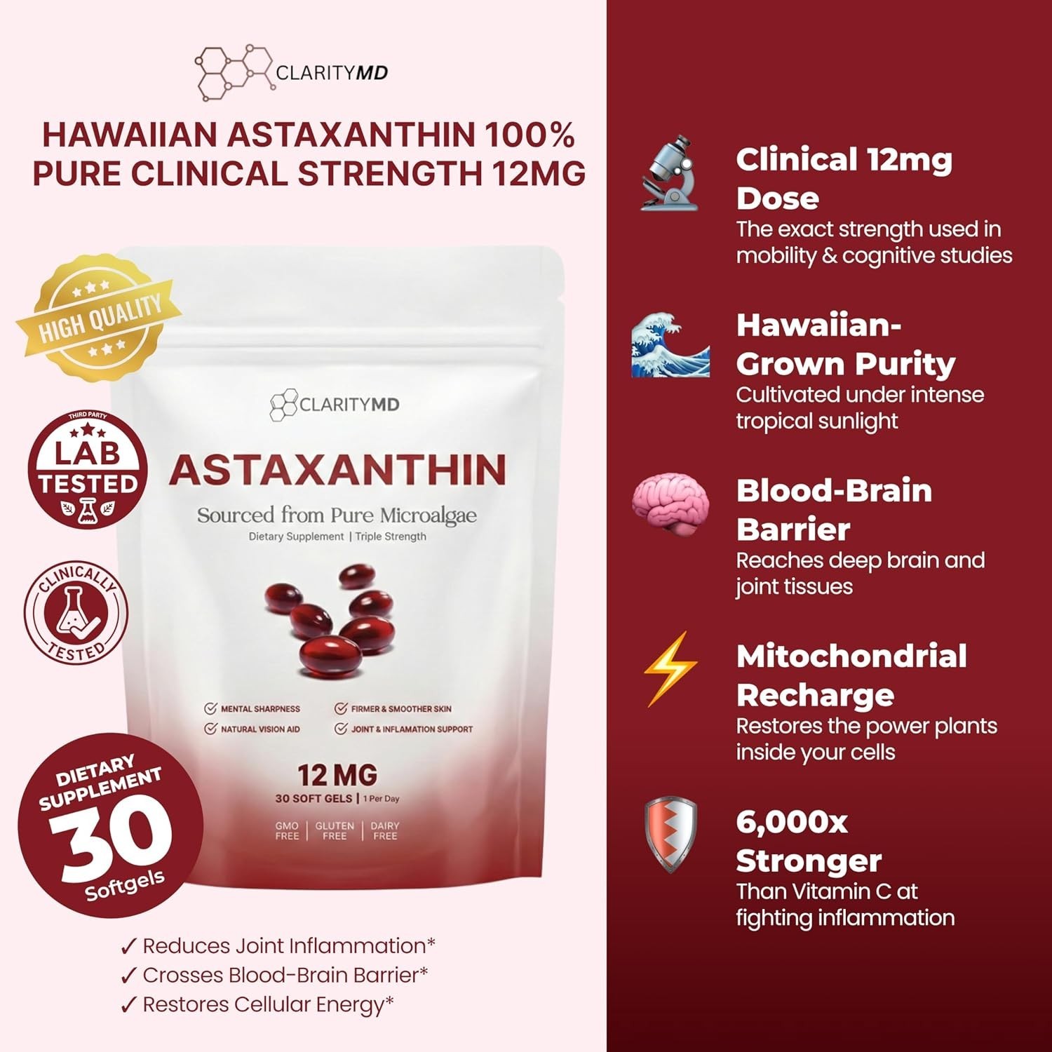 ClarityMD Astaxanthin 12mg Antioxidants Supplement – Natural Microalgae Source –