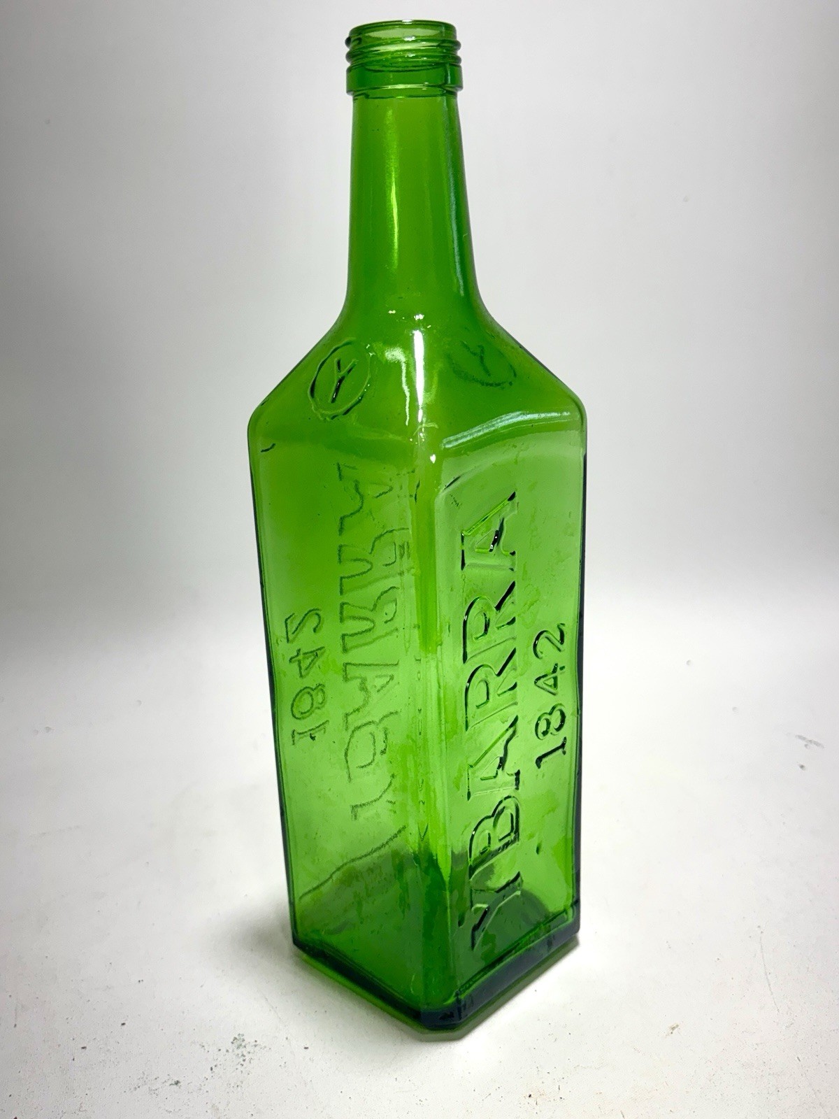 Vintage IBARRA 1842 Green Glass Bottle Embossed Apothecary Whiskey Decor
