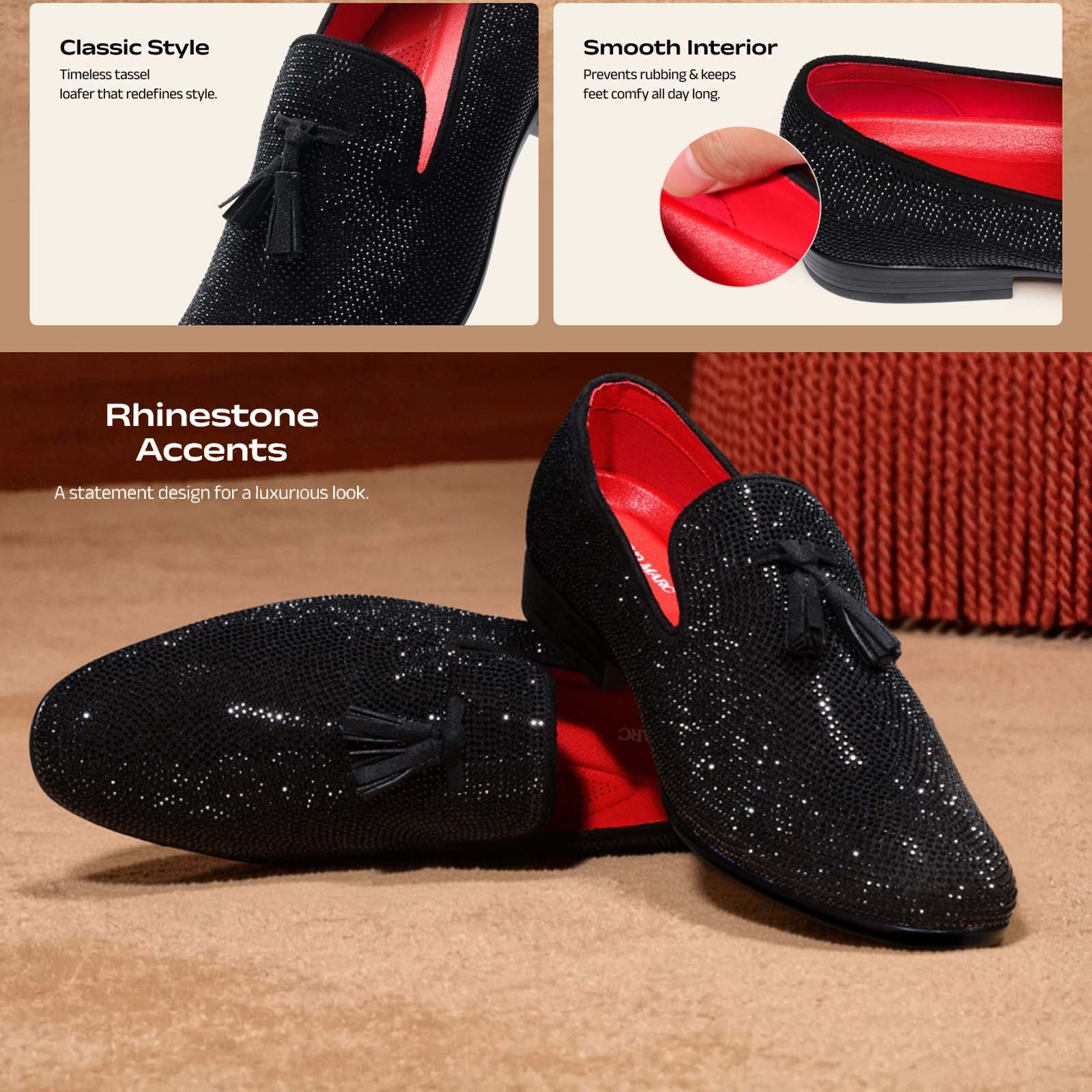 Men's Tassel Dress Loafers Slip-On Rhinestone Tuxedo Shoes for Weddings