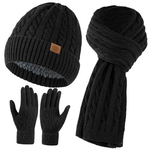 Tavaleu Winter Scarf Hat Gloves Set for Women Men, Warm Lined Beanie Hats Black