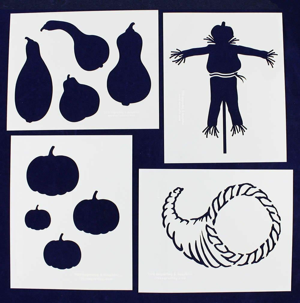 Scarecrow, Pumpkin, Gourd, Cornucopia -4 Piece Stencil Set 14 Mil 8 X 10 Inches