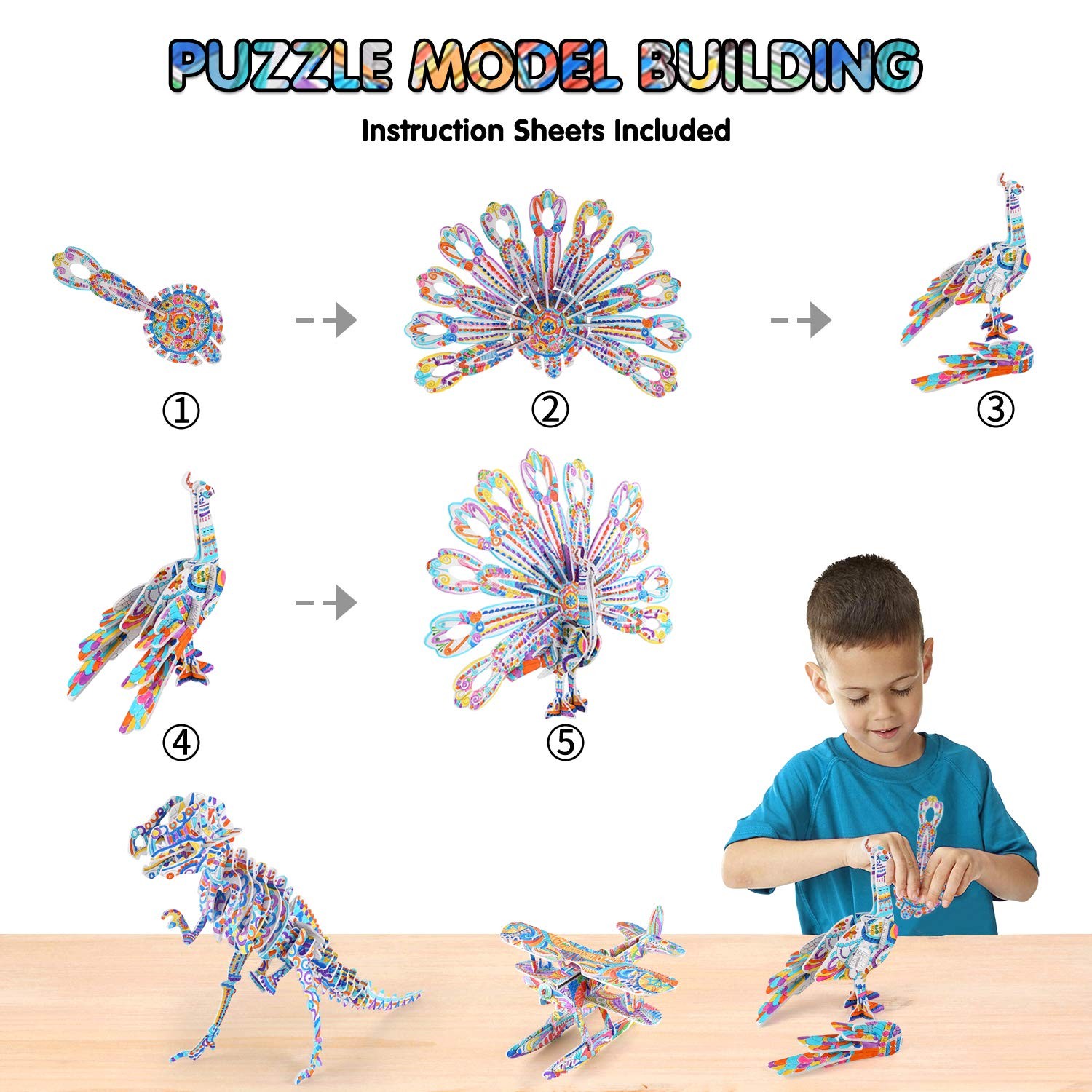 BEARUN 3D Coloring Puzzle Set, Arts and Crafts for Girls Large, 5PACK 01