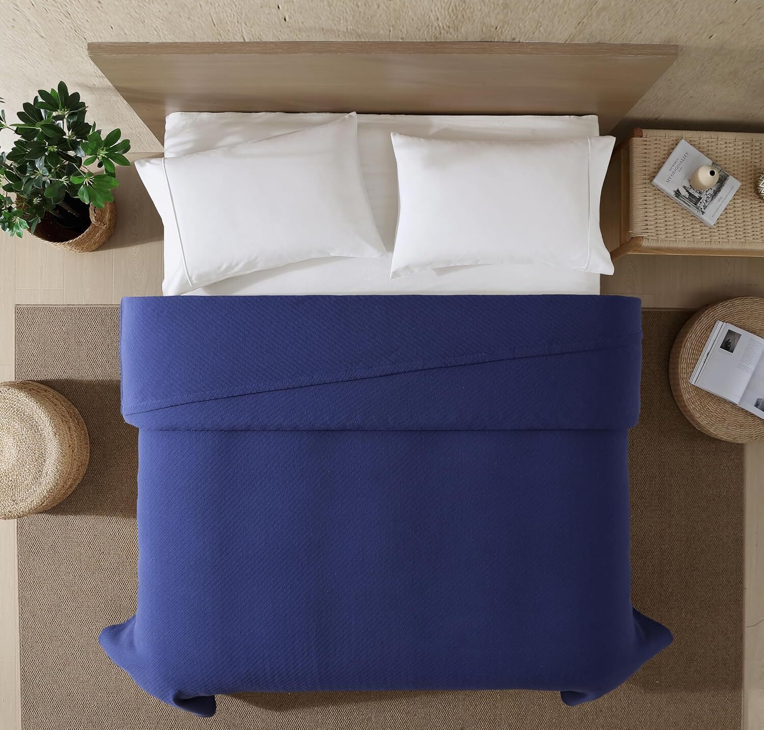 GOTS Organic Cotton Blanket 350GSM - Herringbone Weave Twin Size Navy Blue