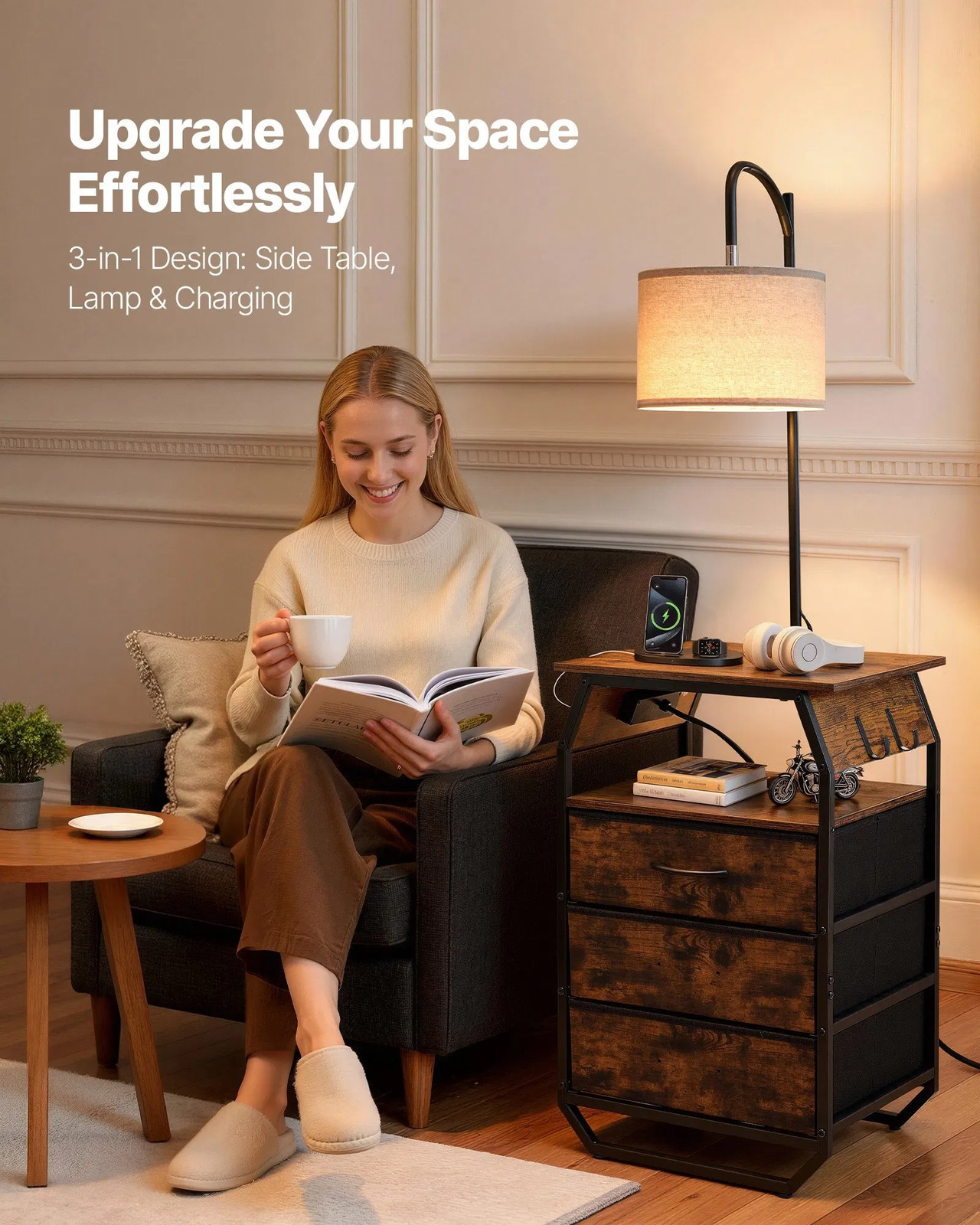 Floor Lamp with Table, 2-Tier End Table with 3 Drawers and 3 Color Temperature L