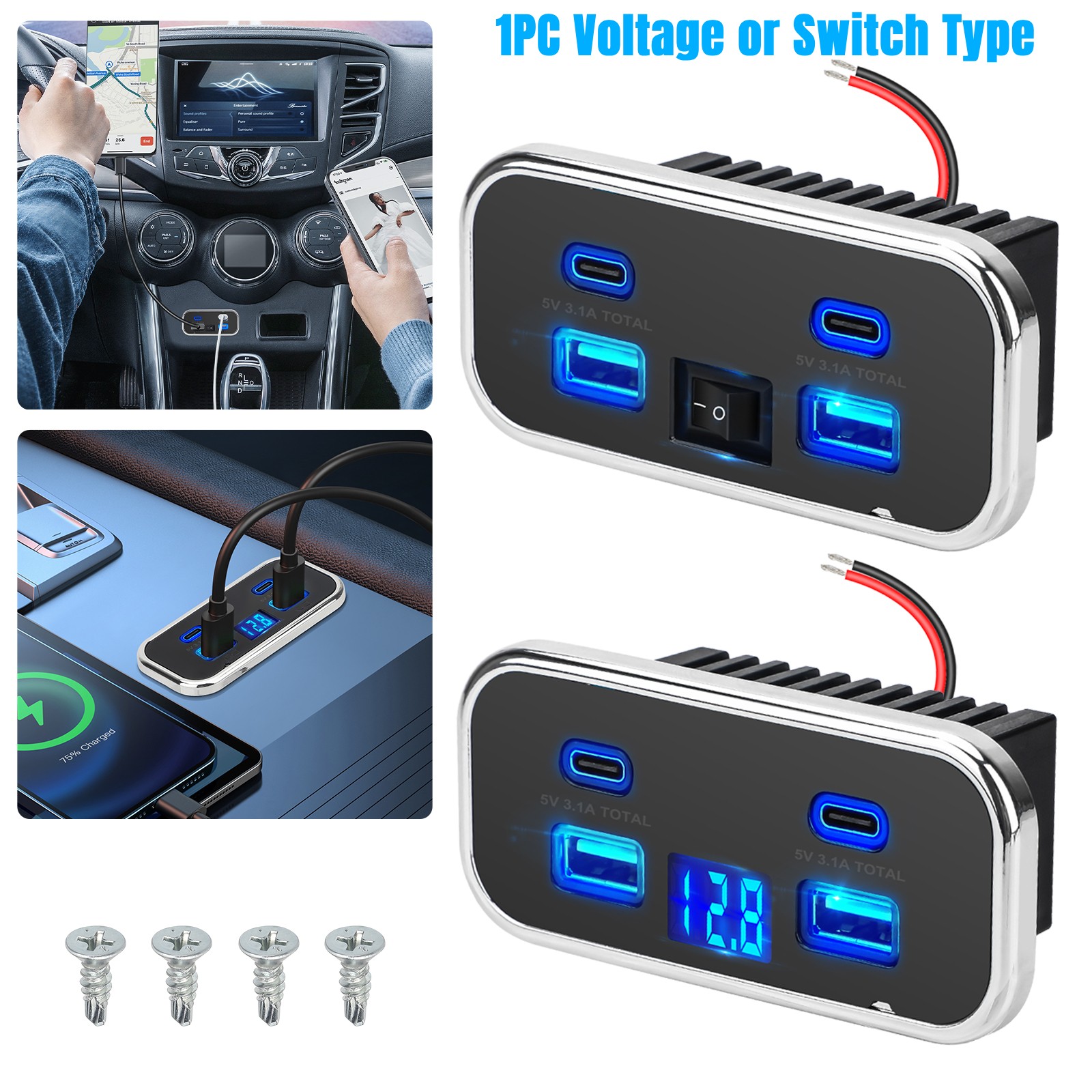 RV USB Outlet Dual USB A USB C Ports Charging Socket Panel for 12V/24V Car Boat