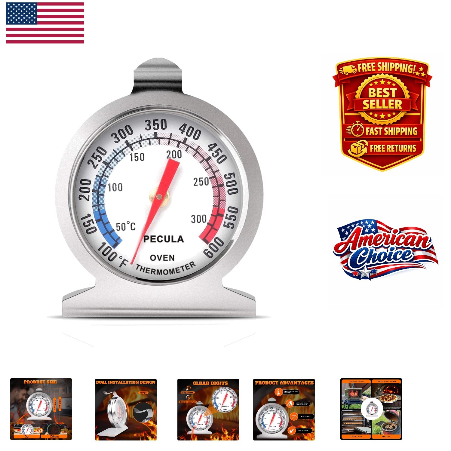 Stainless Steel Analog Oven Thermometer 50-300°C/100-600°F - Battery-Free Design