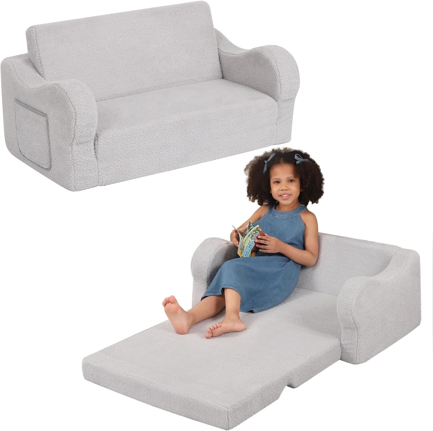 Extra Wide Toddler Chair 2-in-1 Toddler Couch Fold Out Convertible Sherpa Sofa