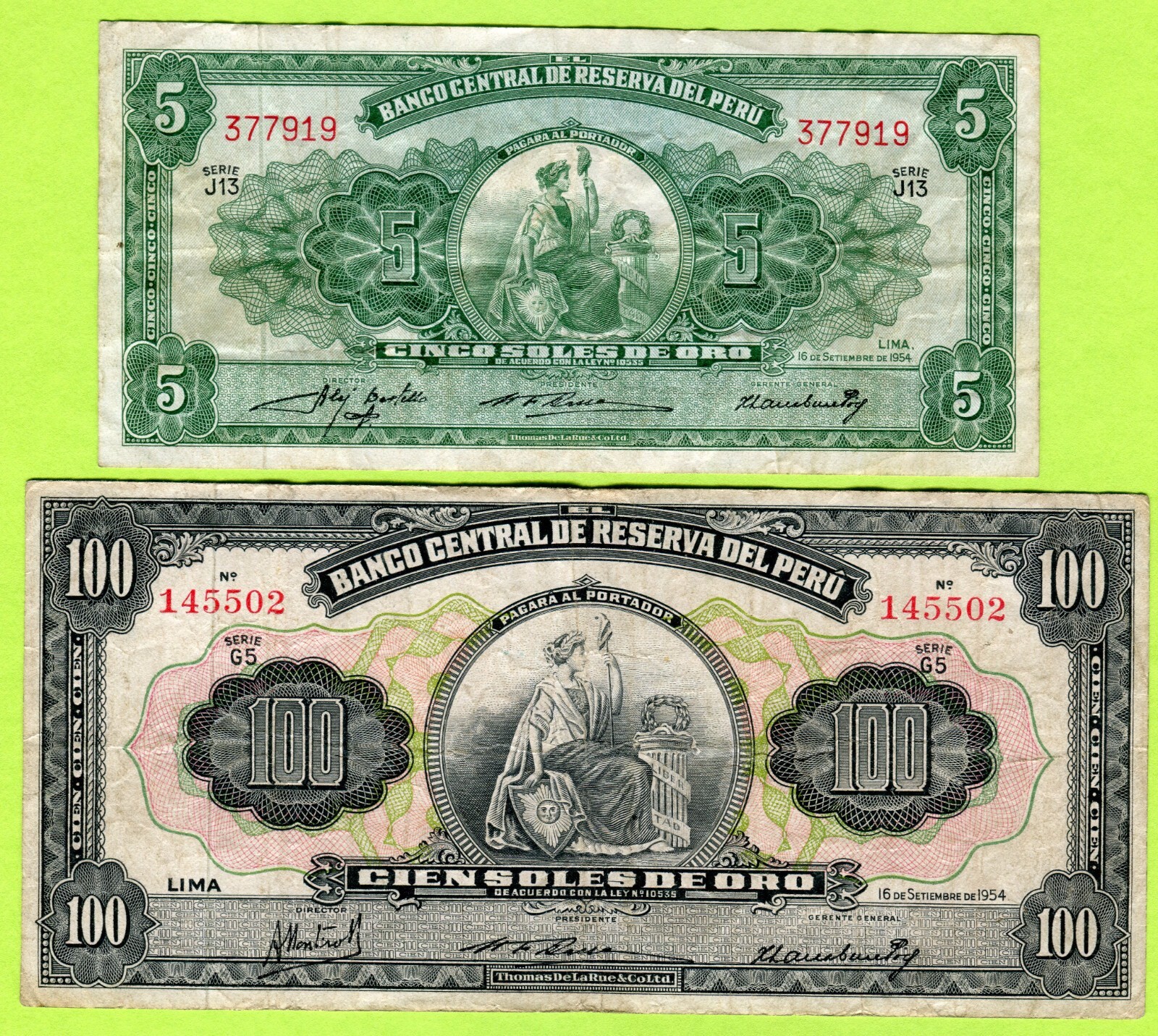 Peru 5 100 Soles 1954 P70 P73 Used/F-VF