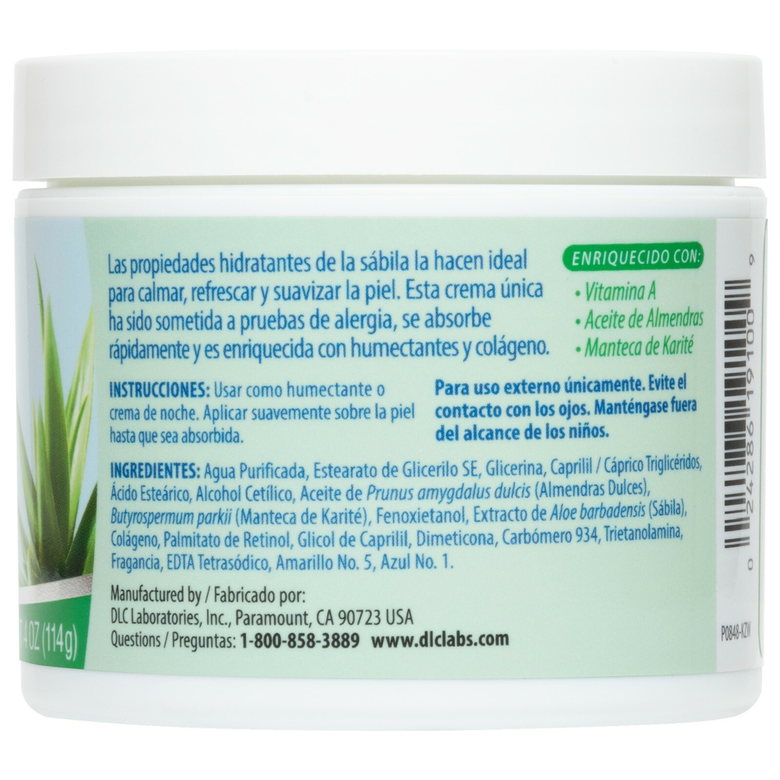 De La Cruz Aloe Vera Cream 4 OZ - Allergy Tested & Paraben Free / Made in USA