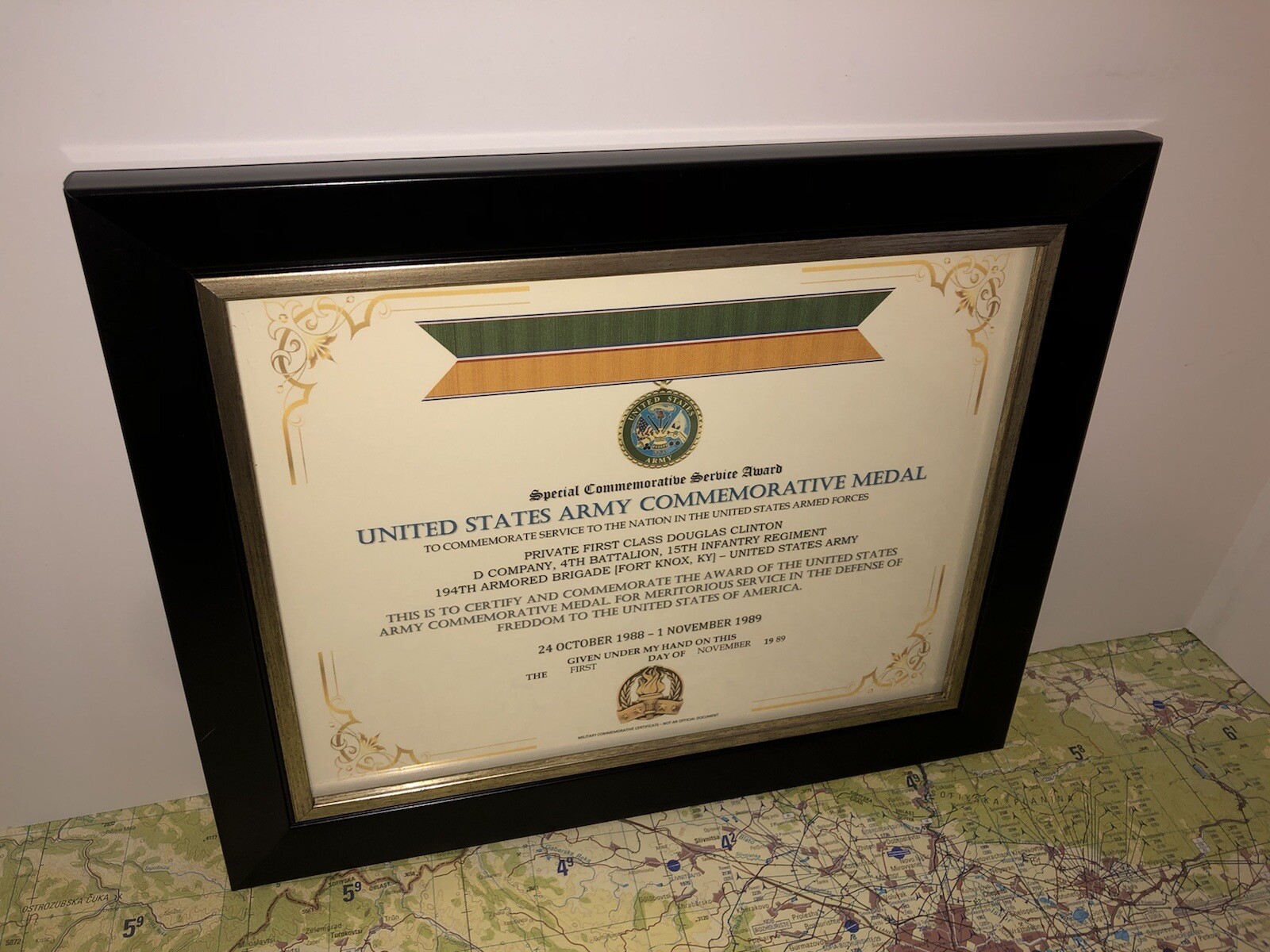 SCSA - UNITED STATES ARMY COMMEMORATIVE MEDAL CERTIFICATE ~ Type 1
