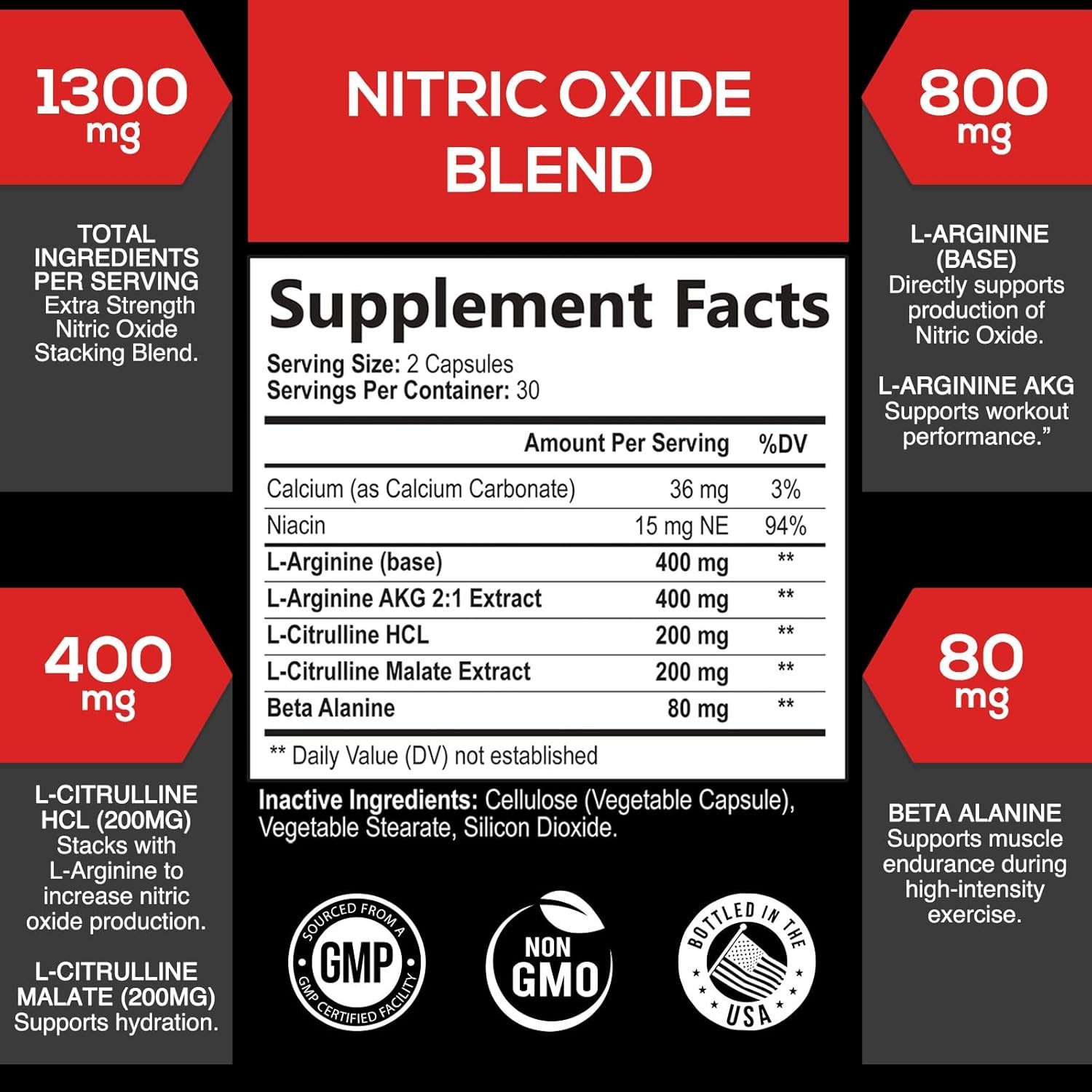 100% Extra Strength Nitric Oxide Booster for Strength, Energy, Muscle Growth NEW